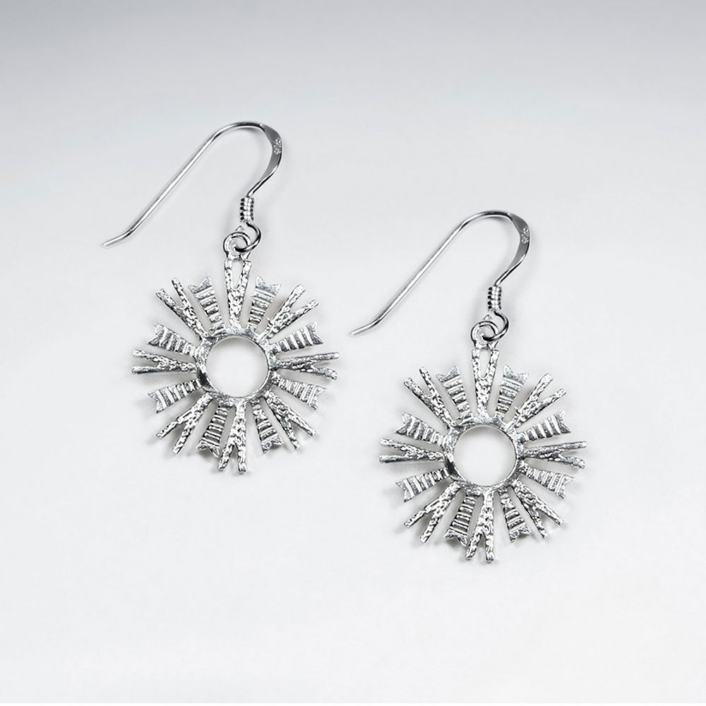 Silver Star Burst Dangle Hook Earrings