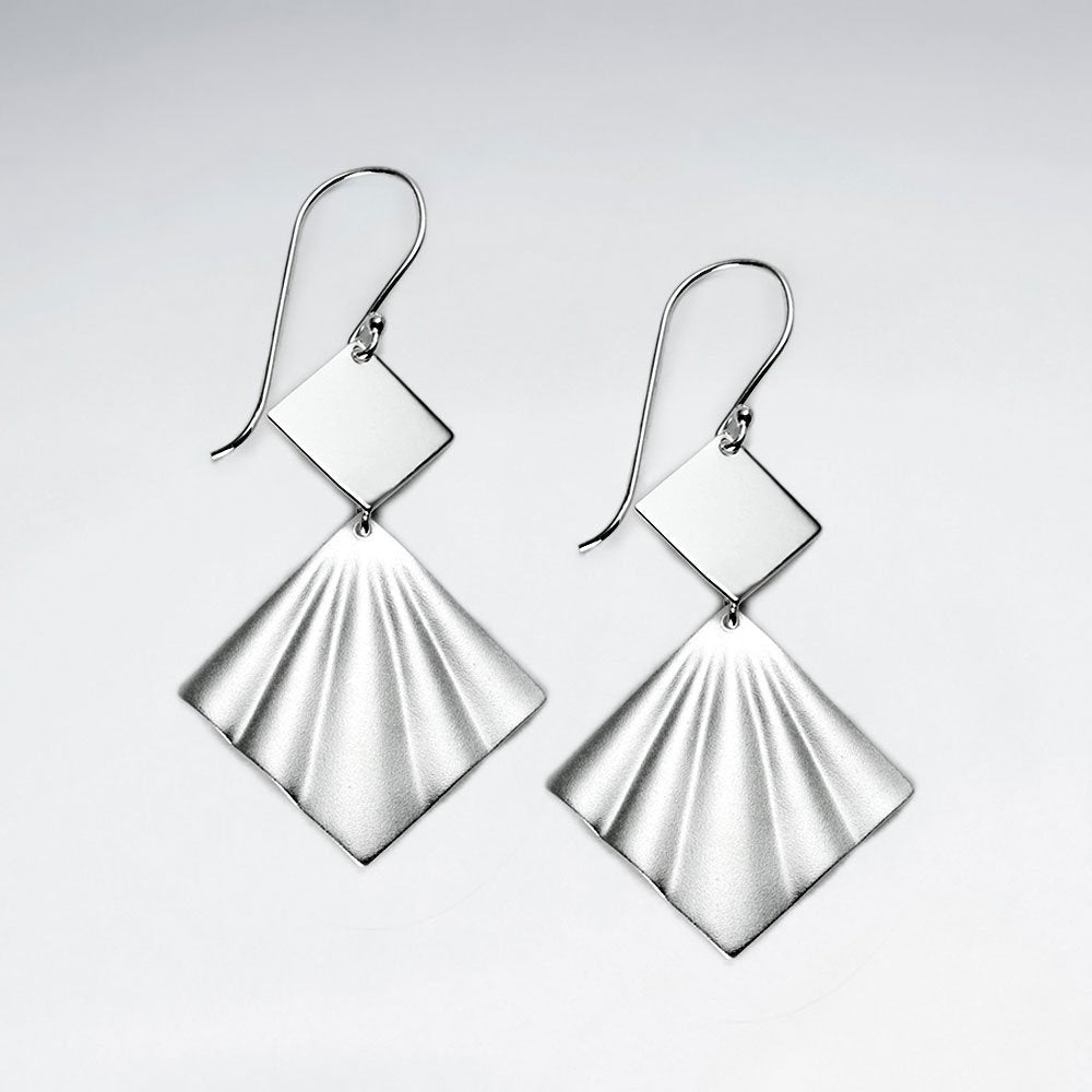 Sand Blasted Silver Double Tiered Diamond Shell Dangle Hook Earrings