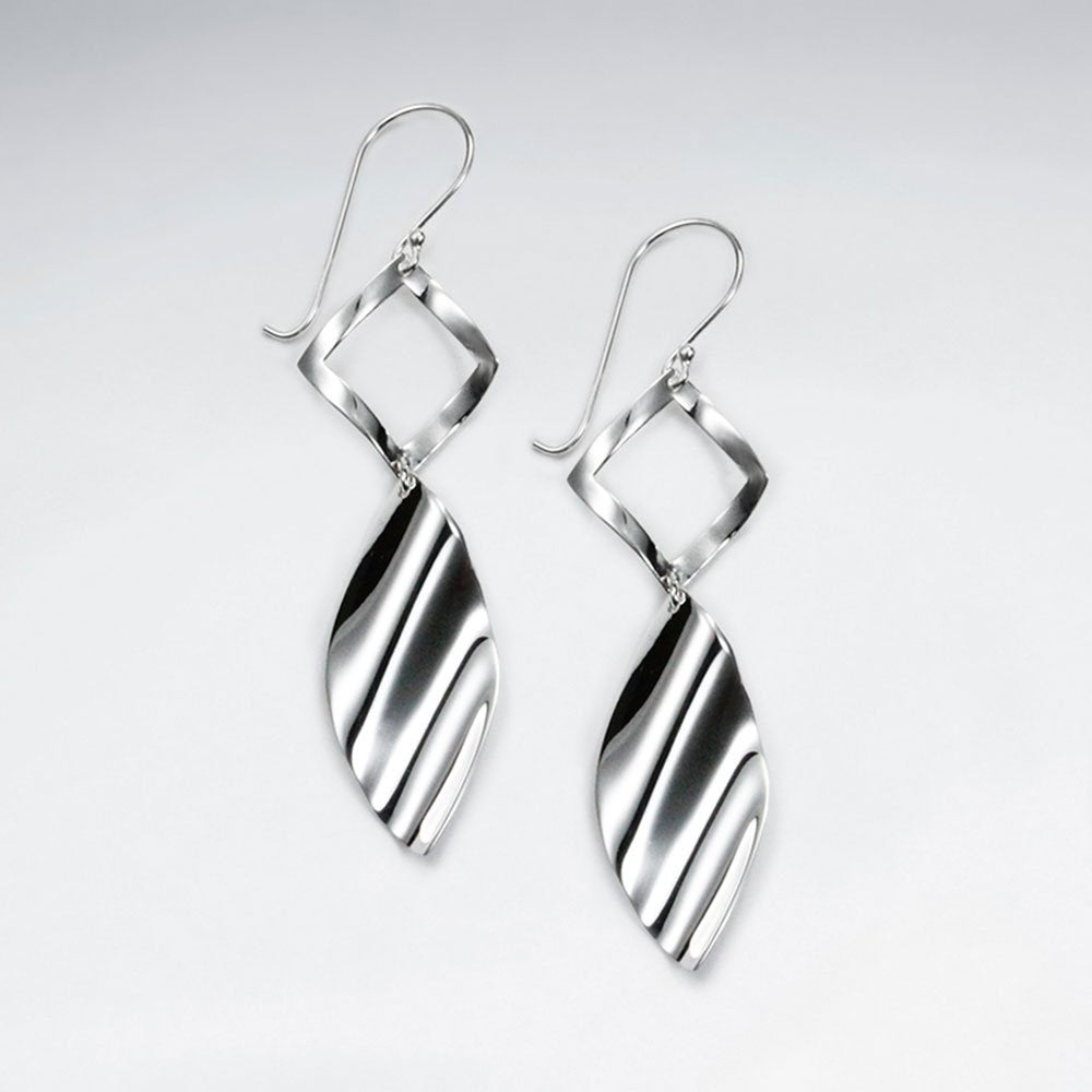 Polished Silver Modern Edge Organic Shape Double Tiered Dangle Hook Earrings