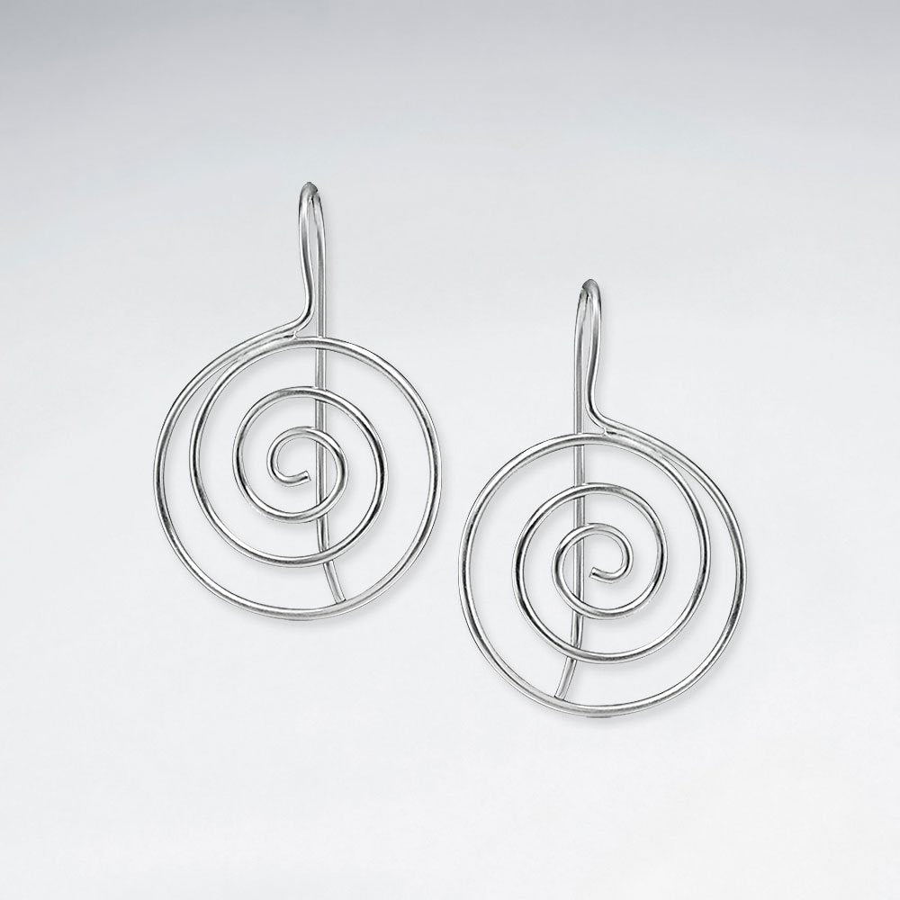 Polished Silver Swirl Circle Dangle Hook Earrings