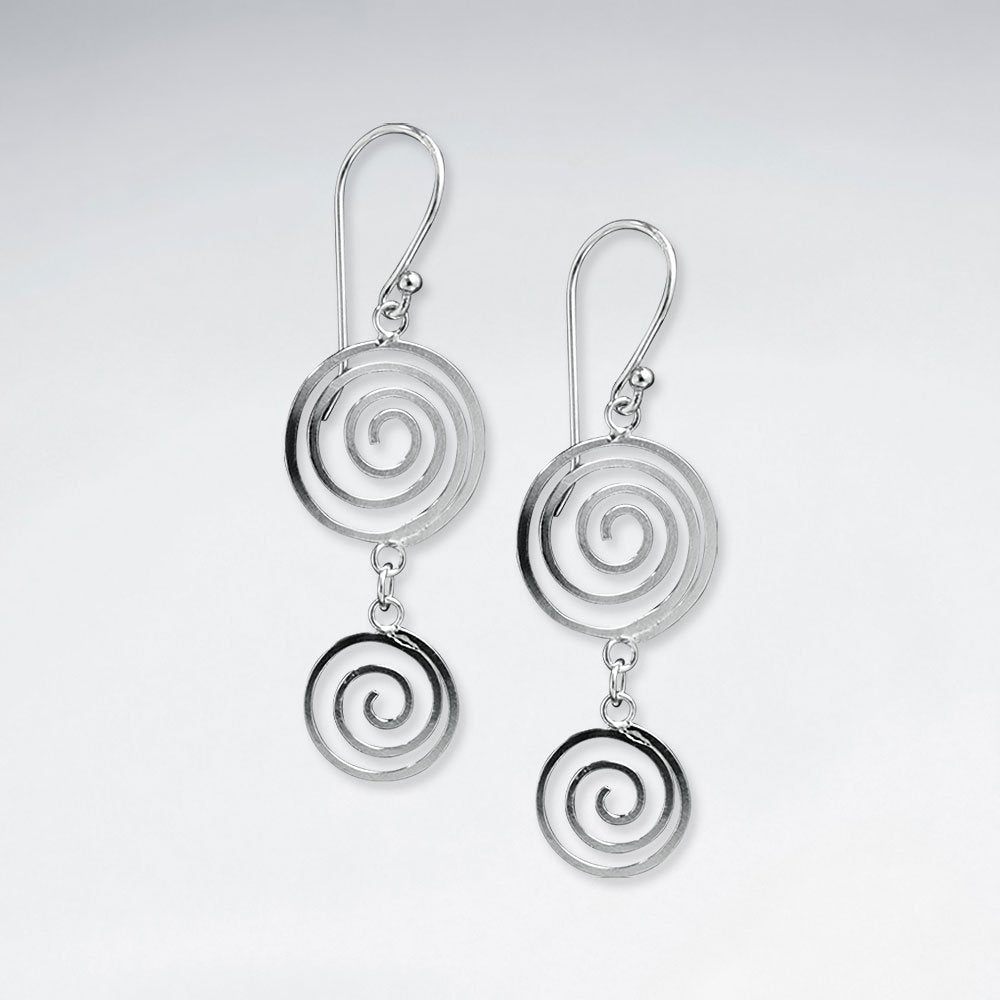 Sterling Silver Double Tiered Swirl Circle Dangle Hook Earrings