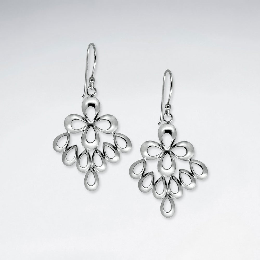 Polished Silver Blossom and Teardrop Dangle Drop Earrings
