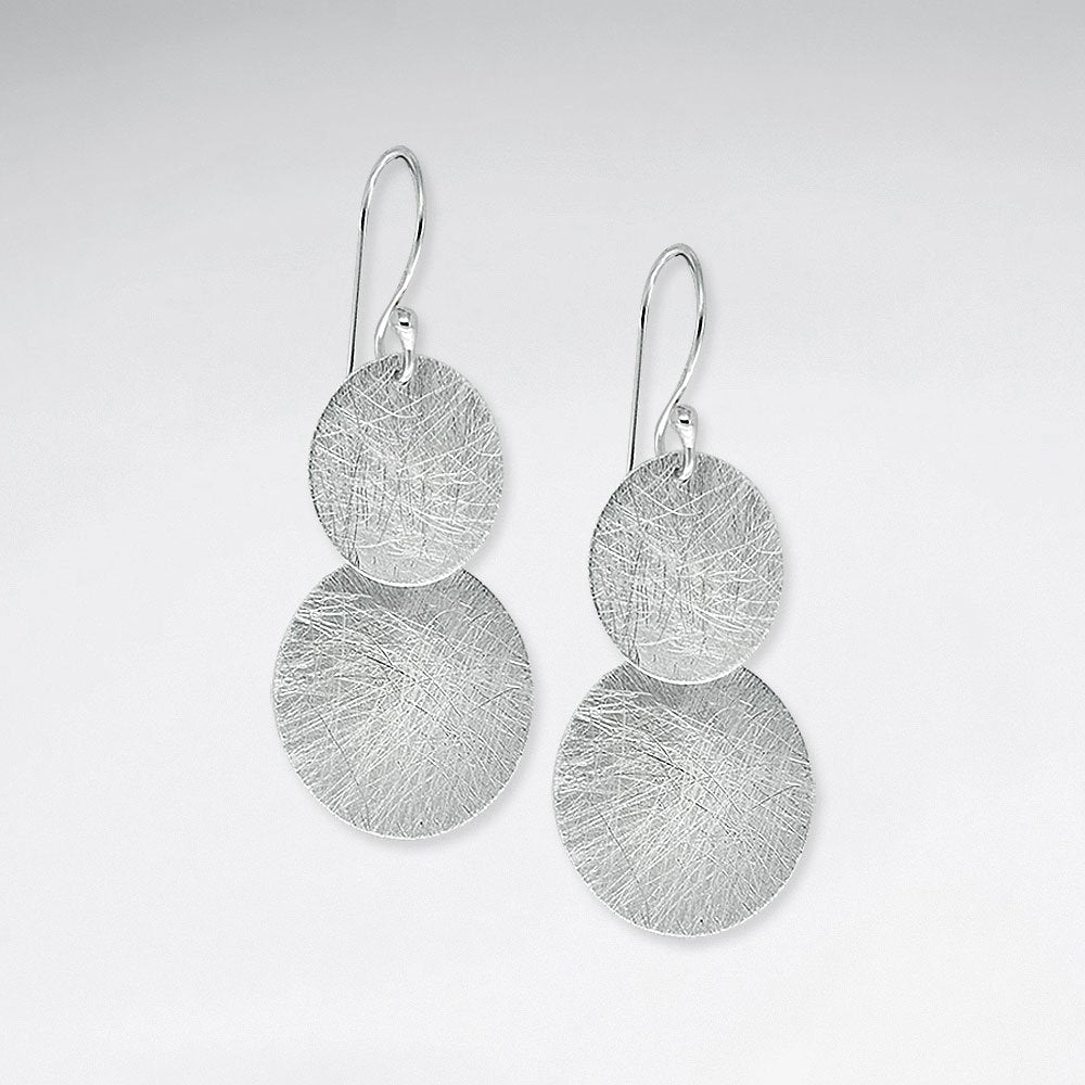 Brushed Silver Double Hammered Disc Dangle Drop Hook Earrings
