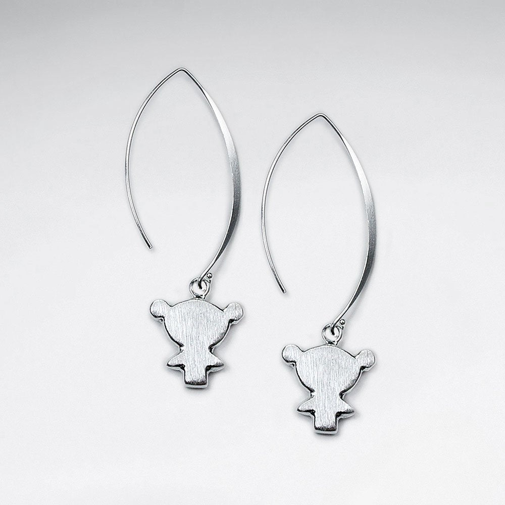 Brushed Long Silver Silhouette Charm Dangle Drop Hook Earrings