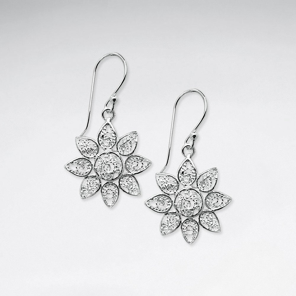 Ornate Filigree Sterling Silver Star Blossom Dangle Hook Earrings