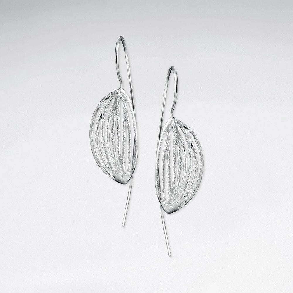 Brushed Silver Drooping Leaf Design Drop Long Hook Earrings