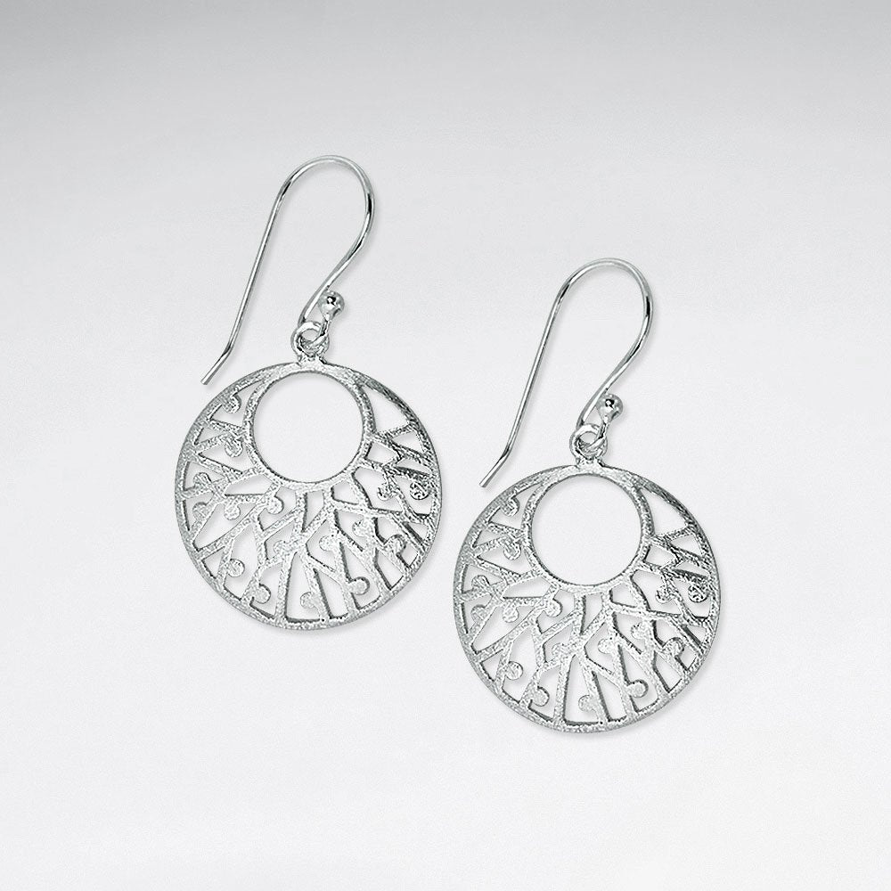 Chic Brushed Silver Filigree Drop Disc Dangle Earrings