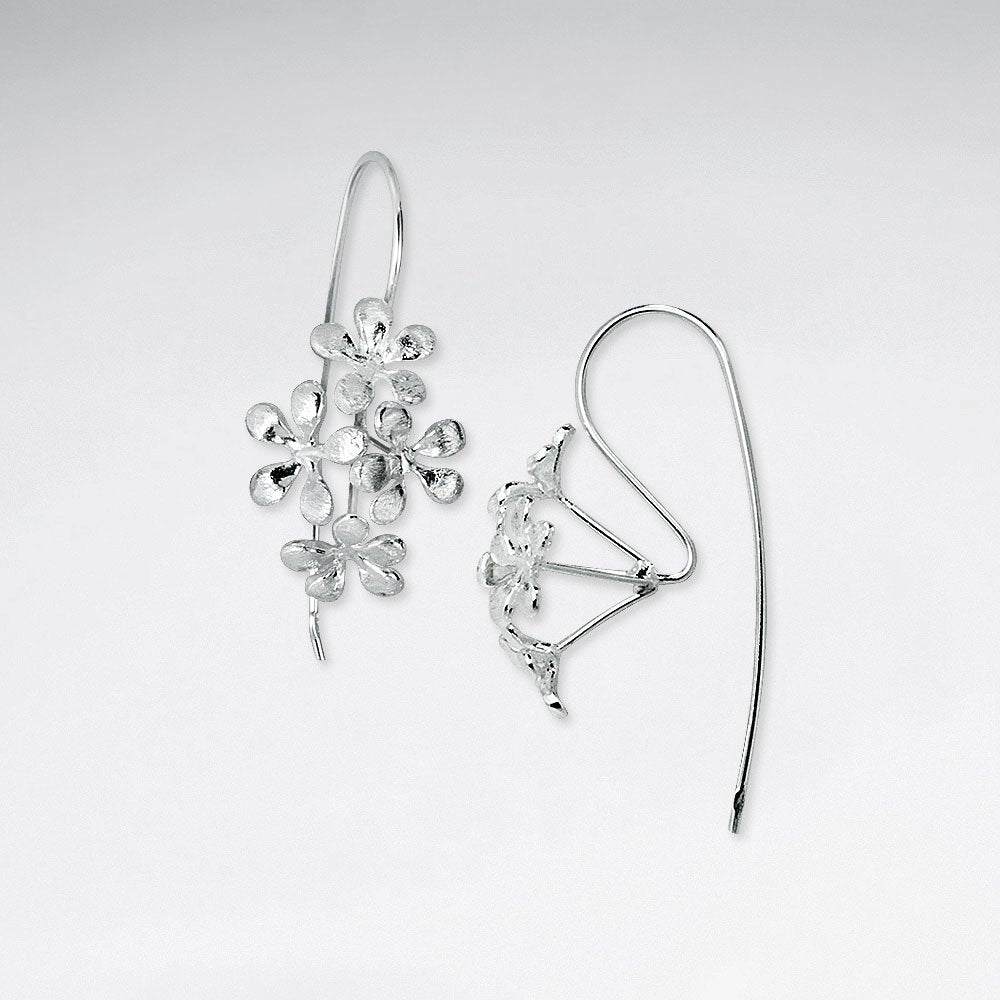 Brushed Sterling Silver Organic Burst Shape Dangle Hook Earrings
