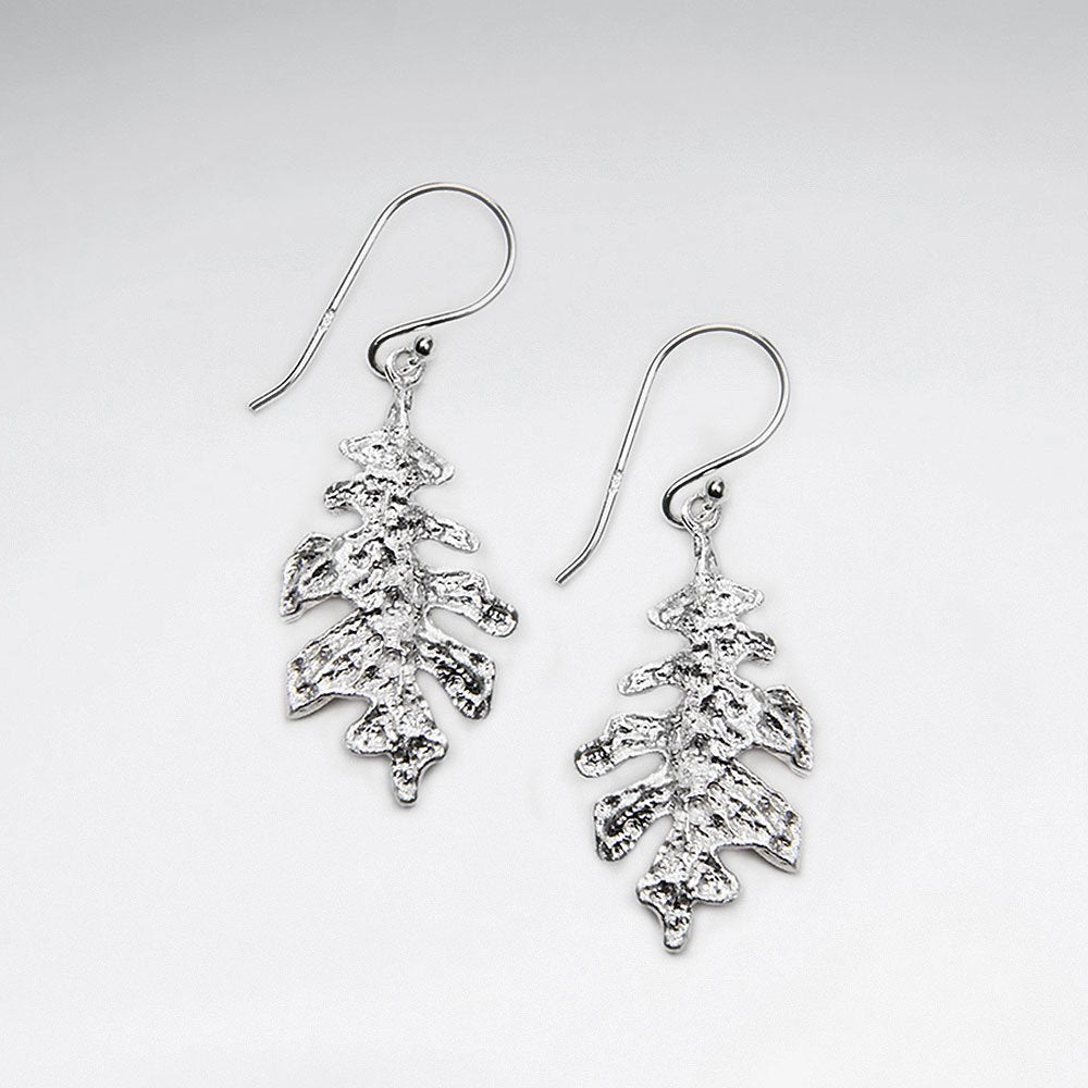 Stunning Dappled Leaf Design Dangle Hook Earrings in Silver