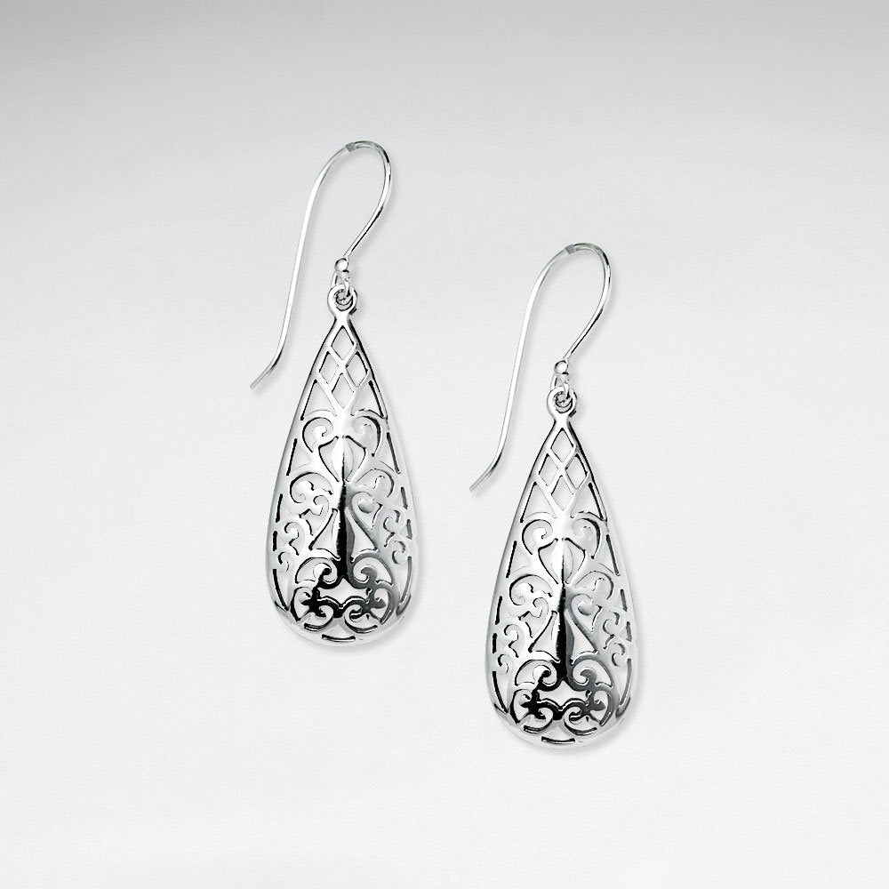 Filigree Teardrop Dangle Hook Earrings in Silver