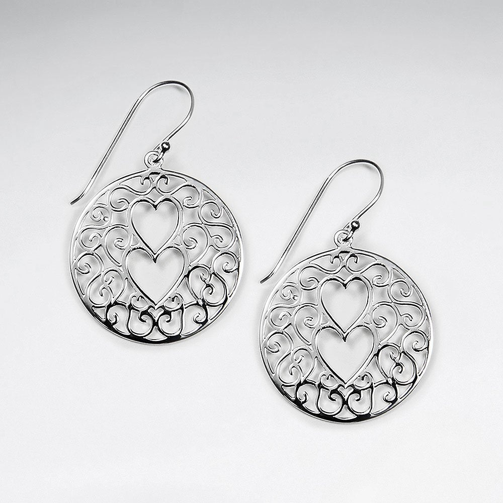 Sterling Silver Circular Filigree Double Cut Out Hearts Dangle Hook Earrings