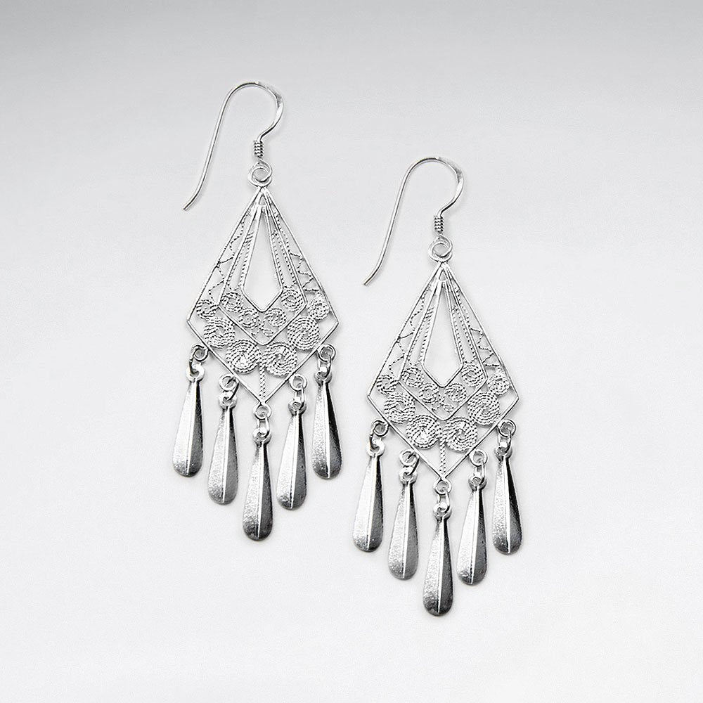 Classy Diamond Shaped Filigree Chandelier Dangle Hook Earrings