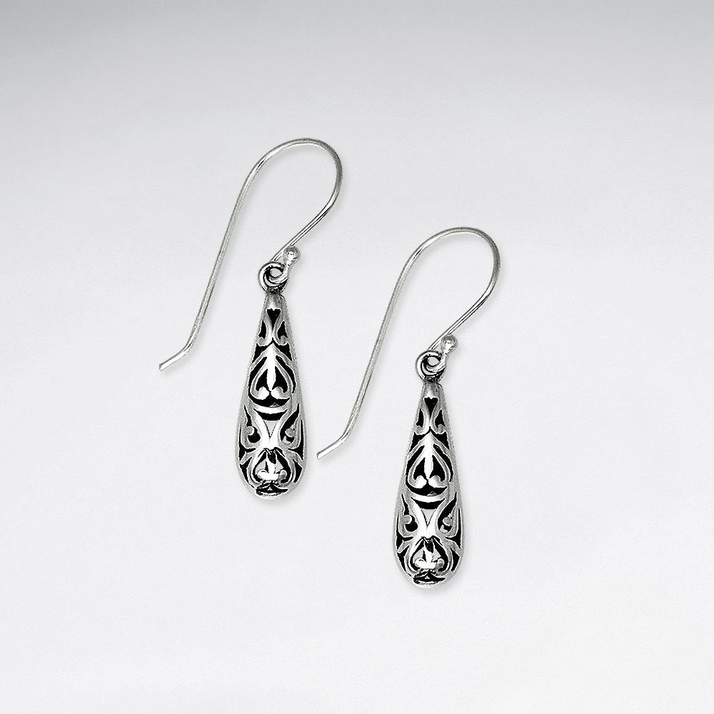 Ornate Oxidized Filigree Teardrop Dangle Hook Earrings