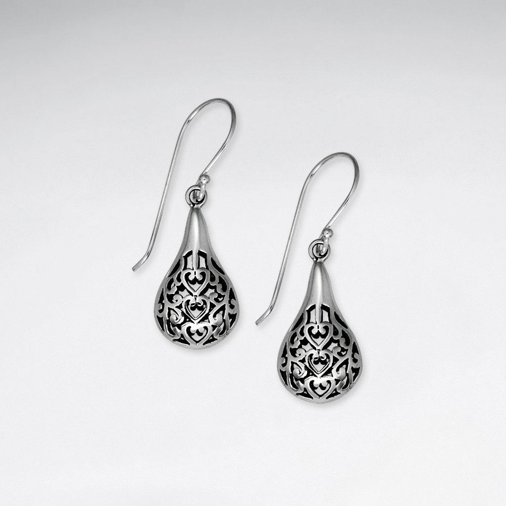 Stunning Filigree Oxidized Silver Rounded Teardrop Dangle Hook Earrings