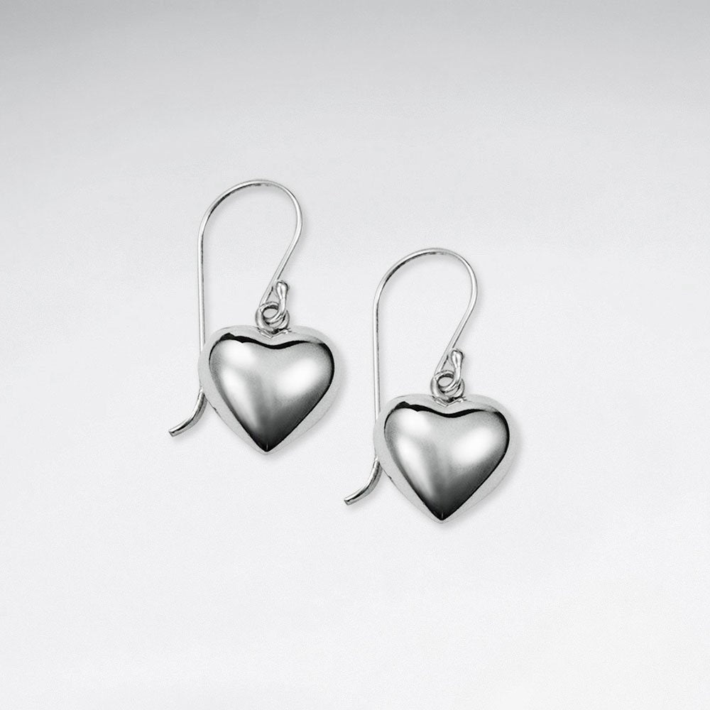 Charming Dangle Drop Polished Silver Heart Design Drop Hook Earrings