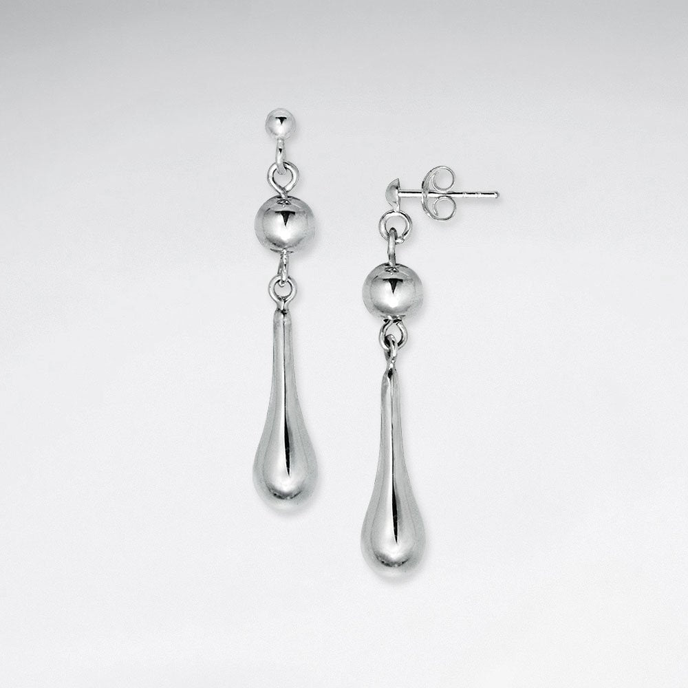 Polished Sterling Silver Long Stylish Teardrop Dangle Hook Earrings