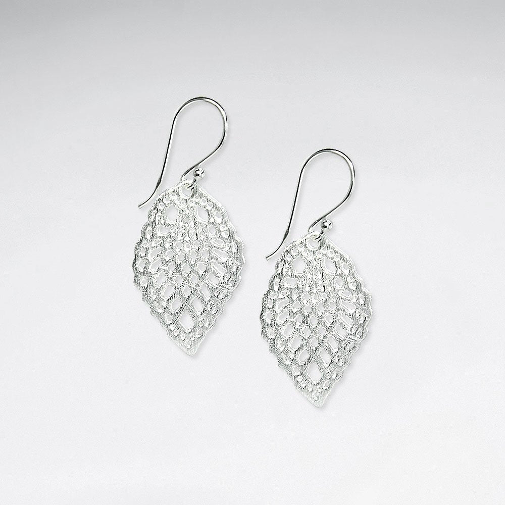 Sterling Silver Perforated Diamond Shape Dangle Hook Earrings