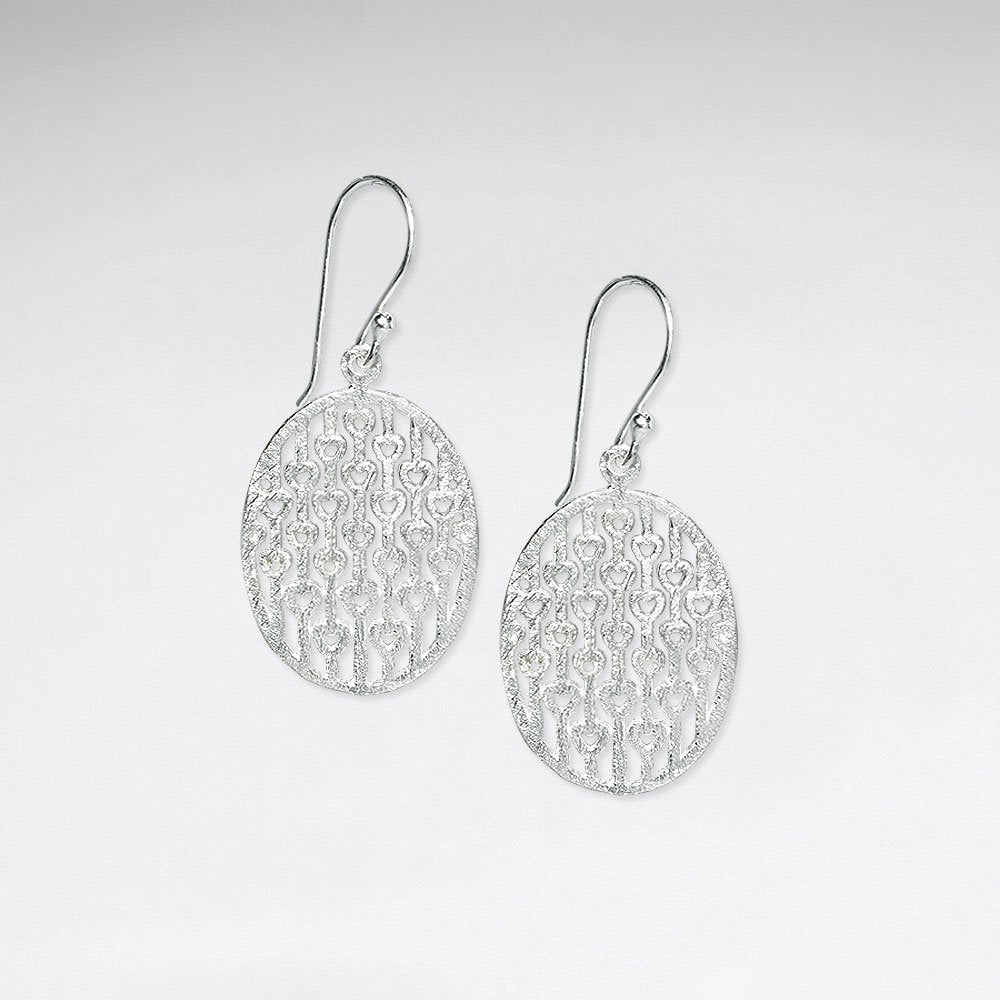 Silver Perforated Filigree Circular Net Design Dangle Hook Earrings