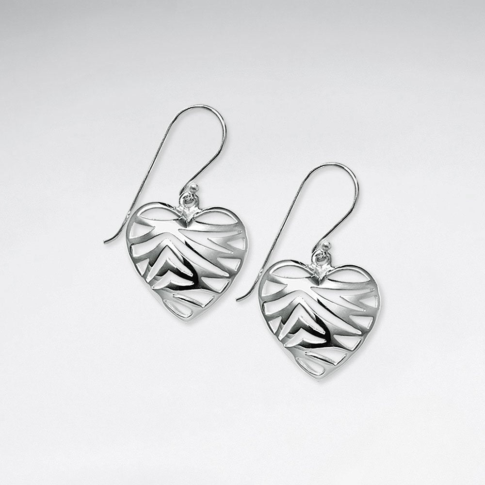 Charming Filigree Sterling Silver Romantic Heart Shape Dangle Hook Earrings