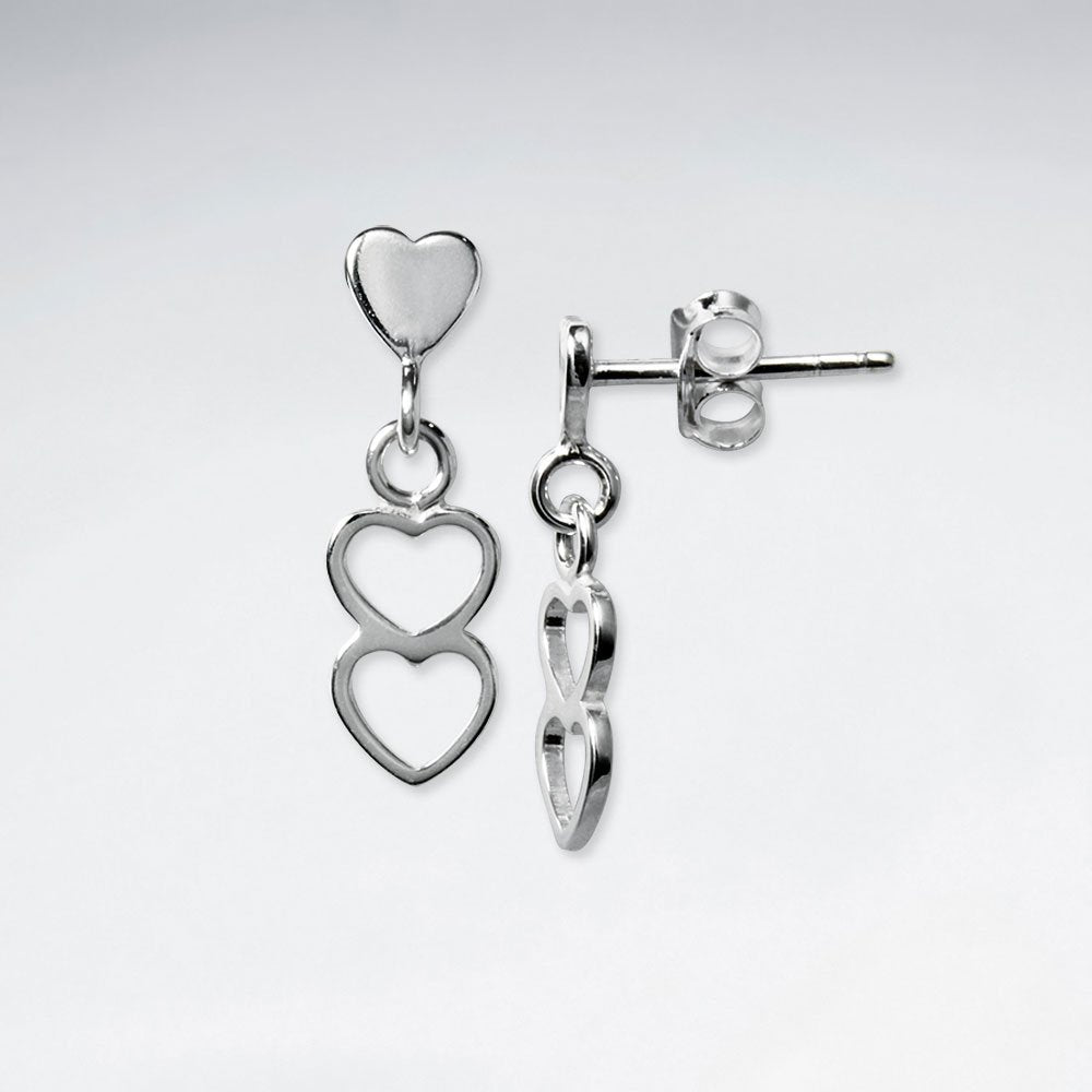 Double Open Heart Tiered Dangle Drop Earrings With Polished Silver Stud