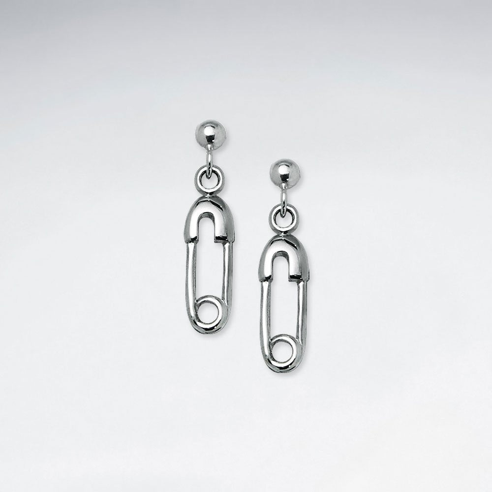 Petite Silver Fastening Pin Dangle Drop Stud Earrings