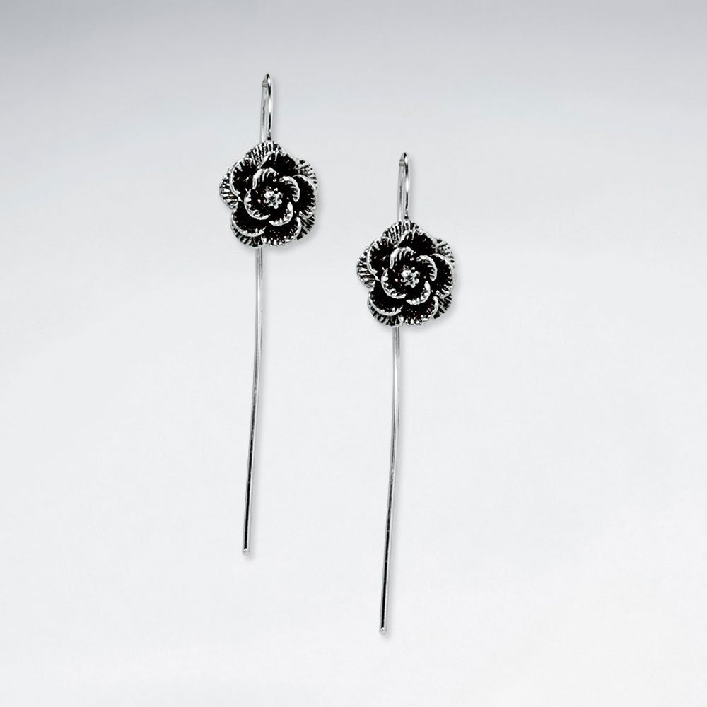 Elegant Rosebud Oxidized Silver Chain Dangle Drop Earrings