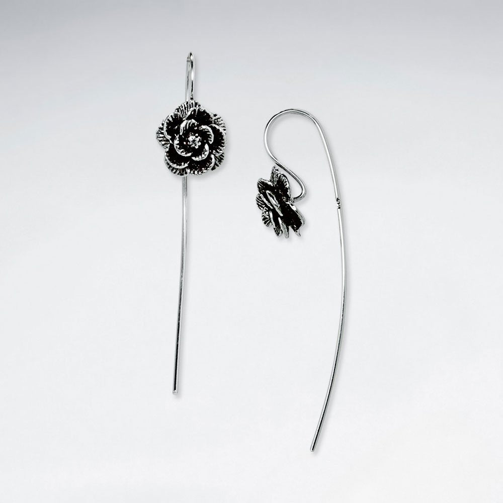 Elegant Rosebud Oxidized Silver Chain Dangle Drop Earrings