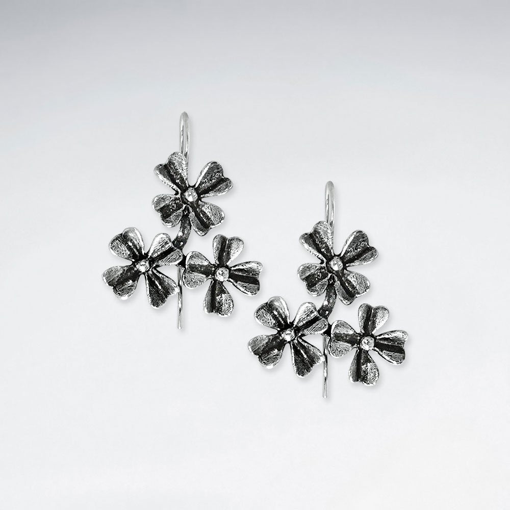 Oxidized Triple Star Blossom Dangle Drop Earrings