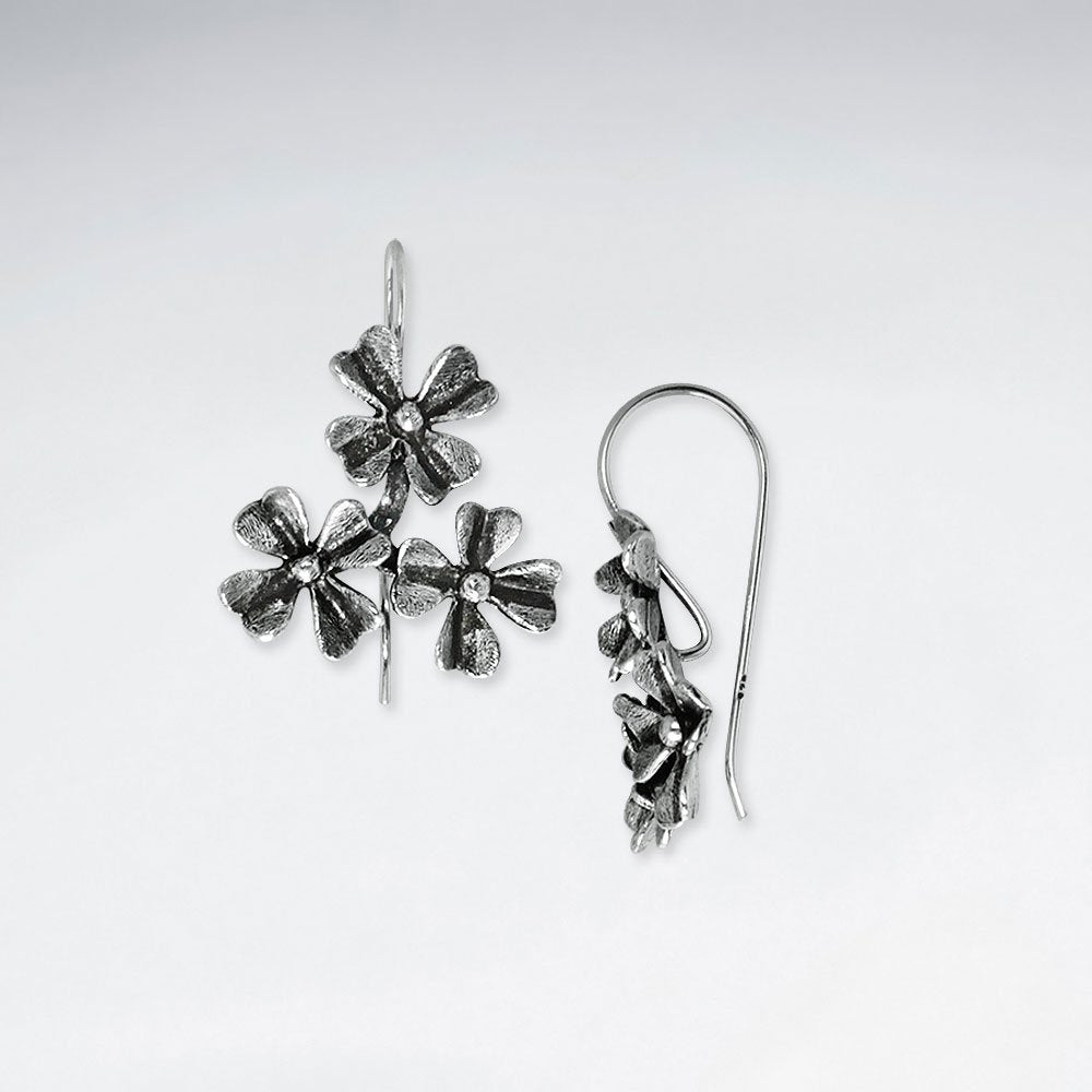 Oxidized Triple Star Blossom Dangle Drop Earrings