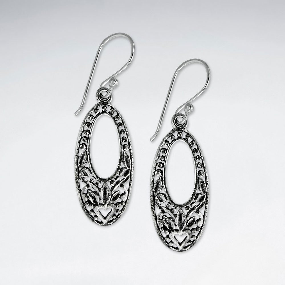 Oxidized Long Oval Open Hoop Textured Dangle Hook Earrings