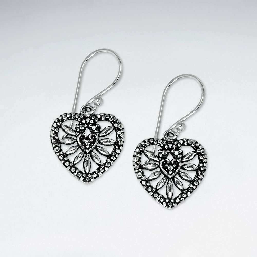 Ornate Oxidized Silver Filigree Open Design Heart Shaped Dangle Hook Earrings
