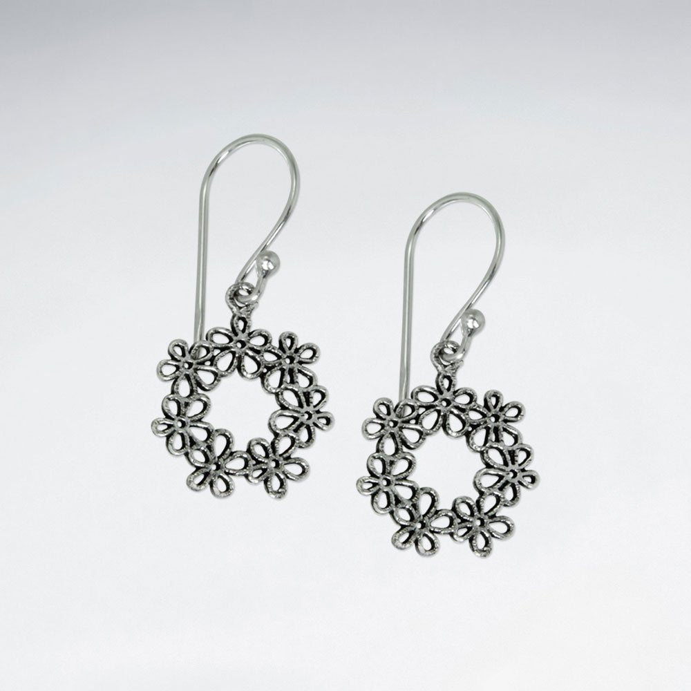 Oxidized Silver Flower Wreath Petite Open Circle Dangle Hook Earrings