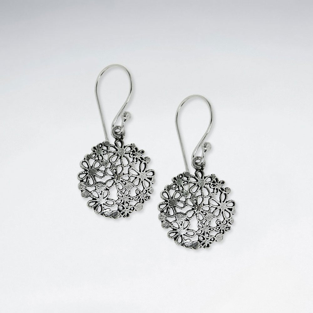 Elaborately Decorated Filigree Oxidized Round Dangle Hook Earrings