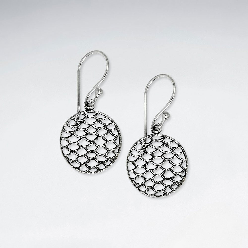 Oxidized Silver Dappled Circle Dangle Hook Earrings