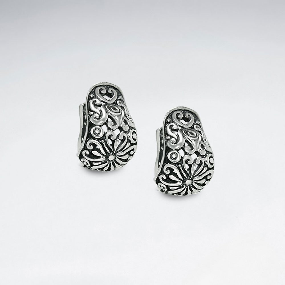 Oxidized Silver Flower Blossom Filigree Pattern Petite Earrings