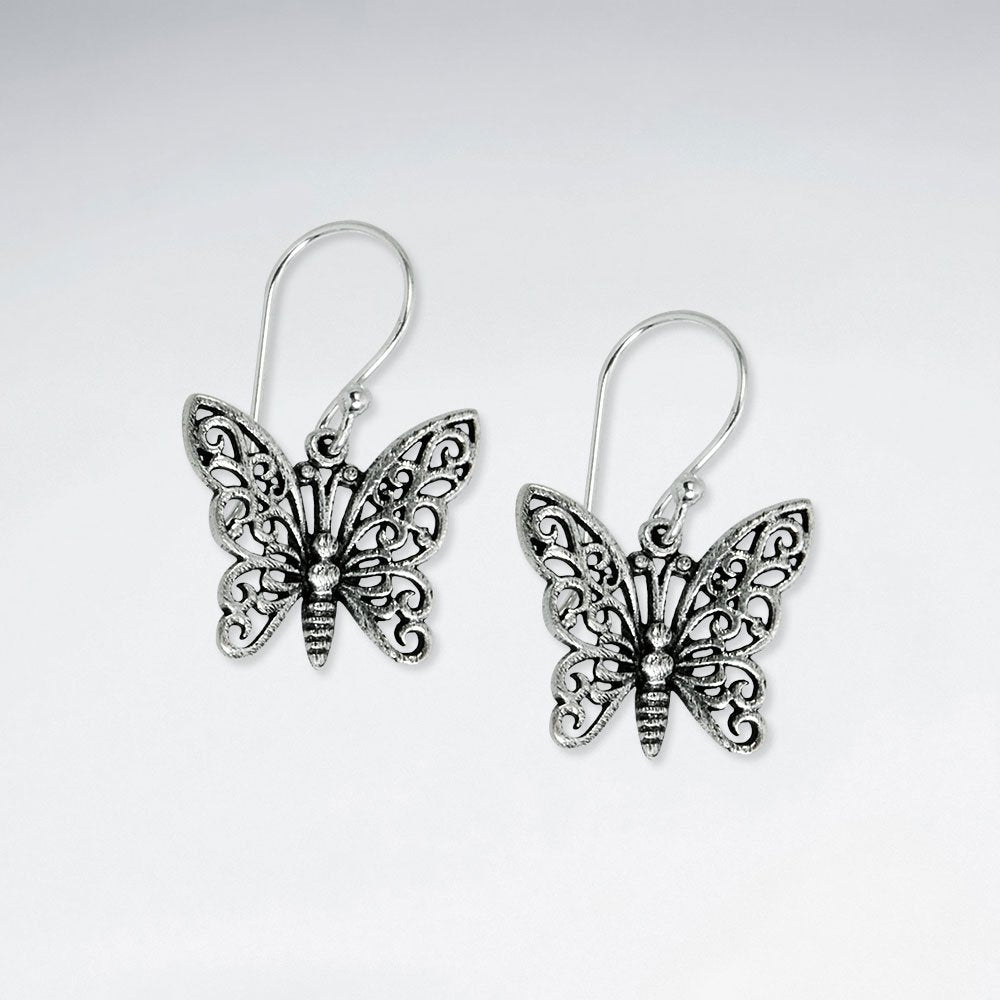 Ornate Filigree Oxidized Silver Butterfly Dangle Hook Earrings
