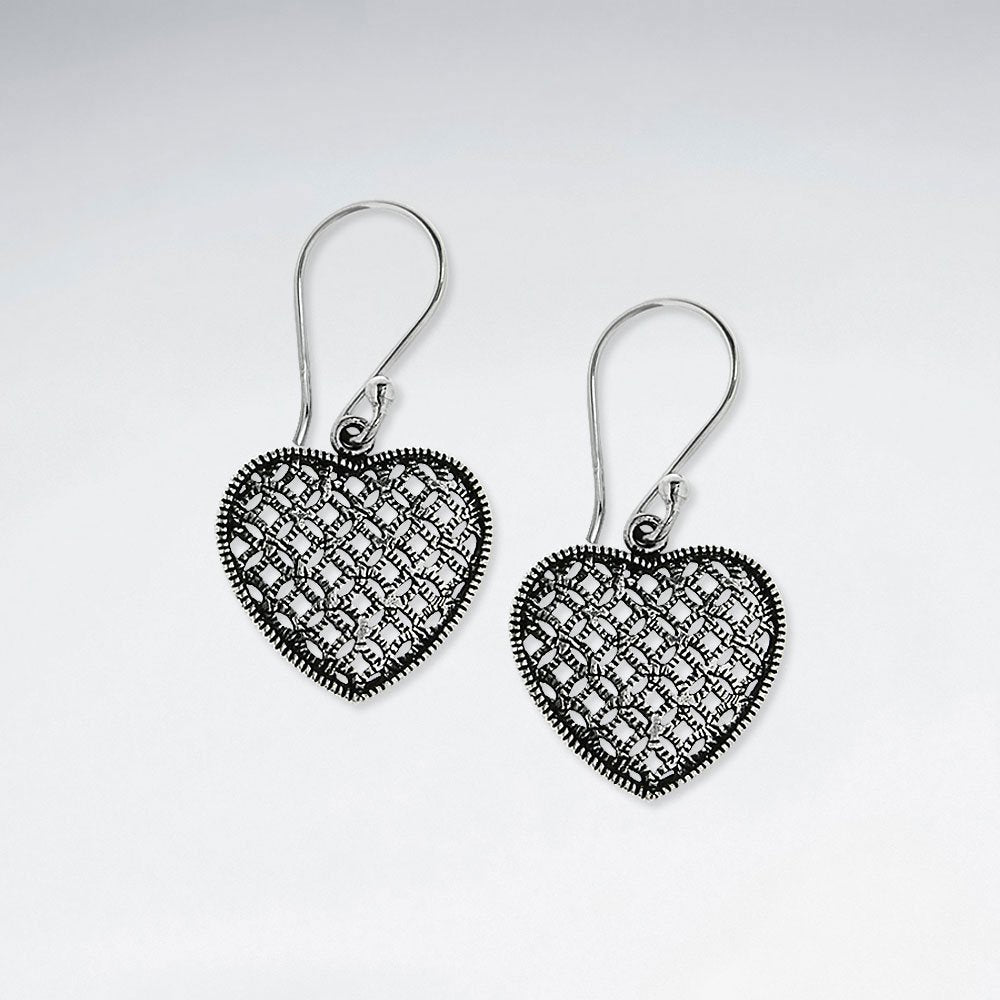 Ornate Oxidized Silver Mesh Net Patterned Heart Dangle Hook Earrings