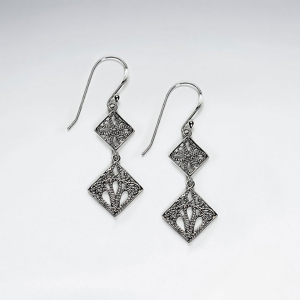 Diamond Shape Oxidized Silver Filigree Tree Double Drop Earrings