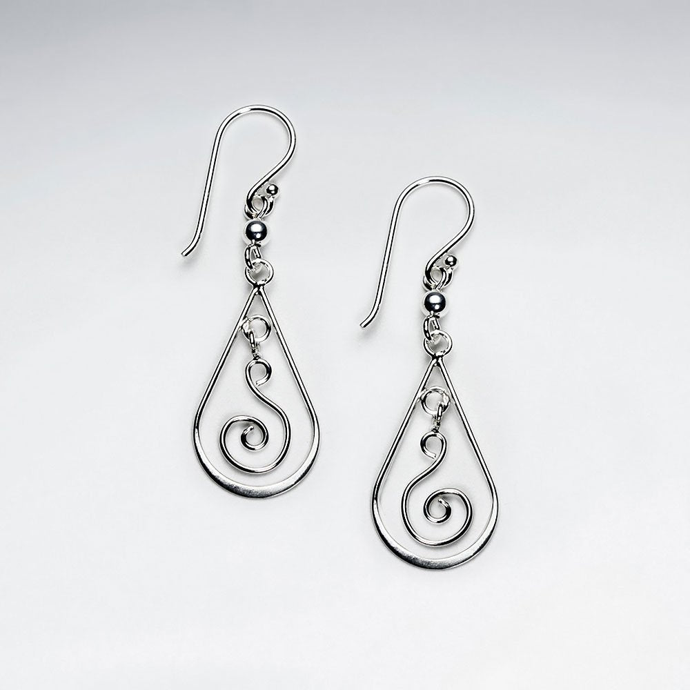 Silver Open Oval Swirl Teardrop Dangle Earrings