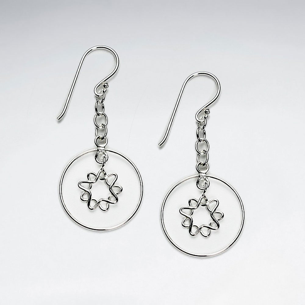 Charming Silver Suspended Hoop Earrings With Sun Flower Dangle