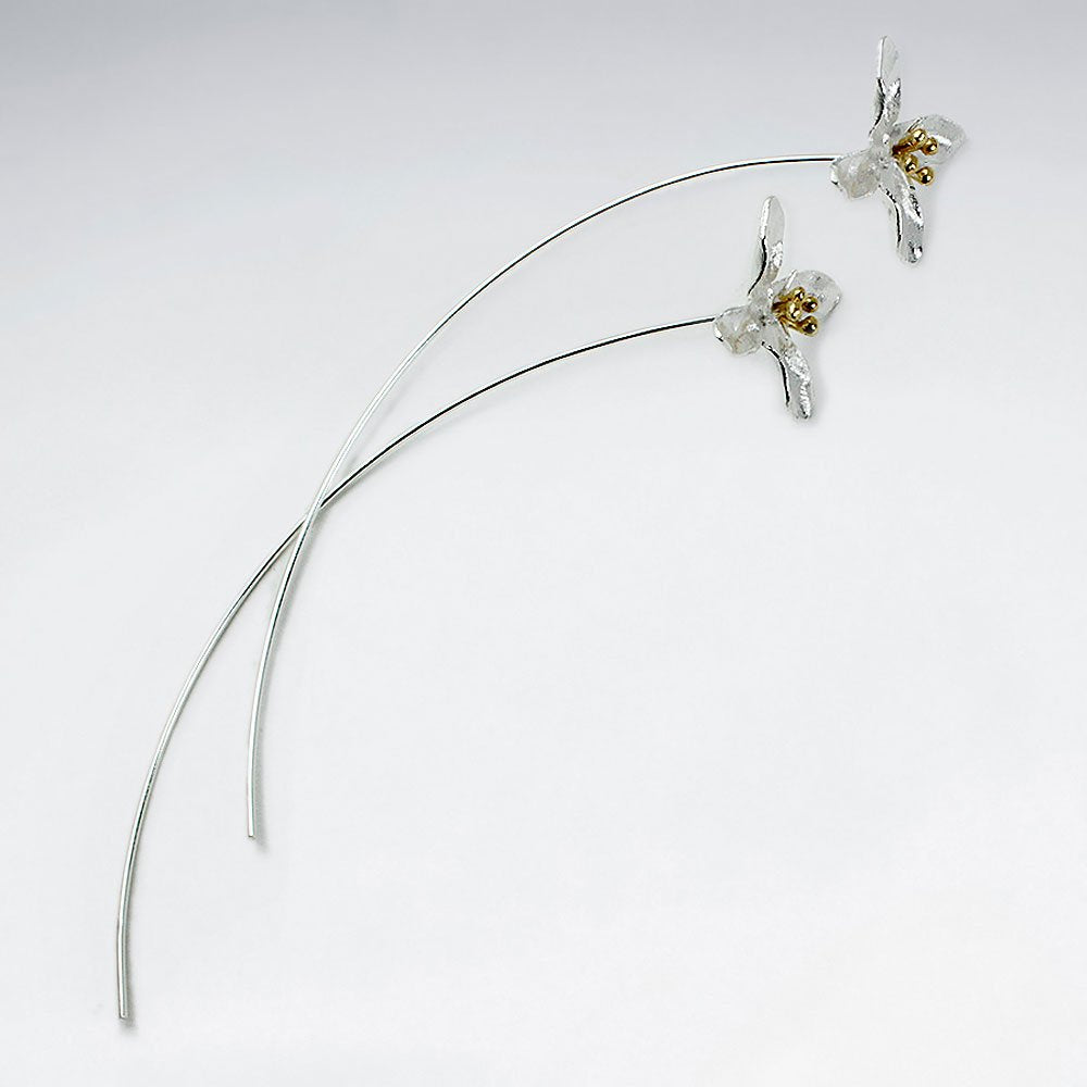 Swooping Style Modern Glam Long Back Flower Silver Earrings