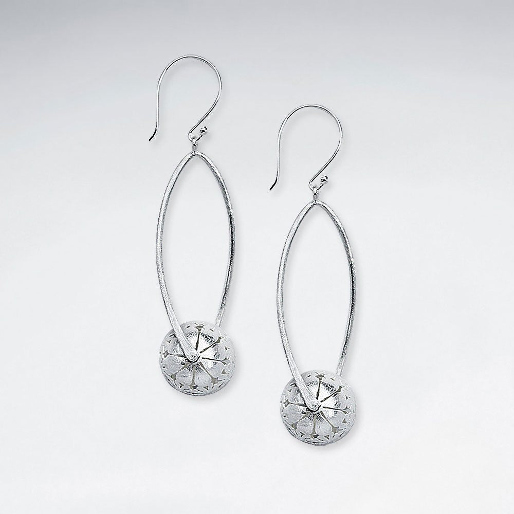 Open Oval Silver Dangle Hook Earrings With Drop Charm