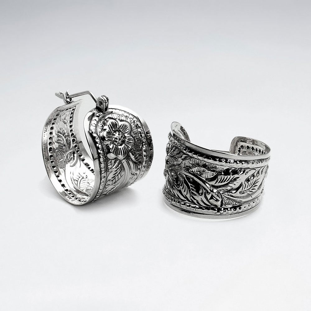 Ornate Silver Huggie Half Hoop Textured Leaf Pattern Earrings