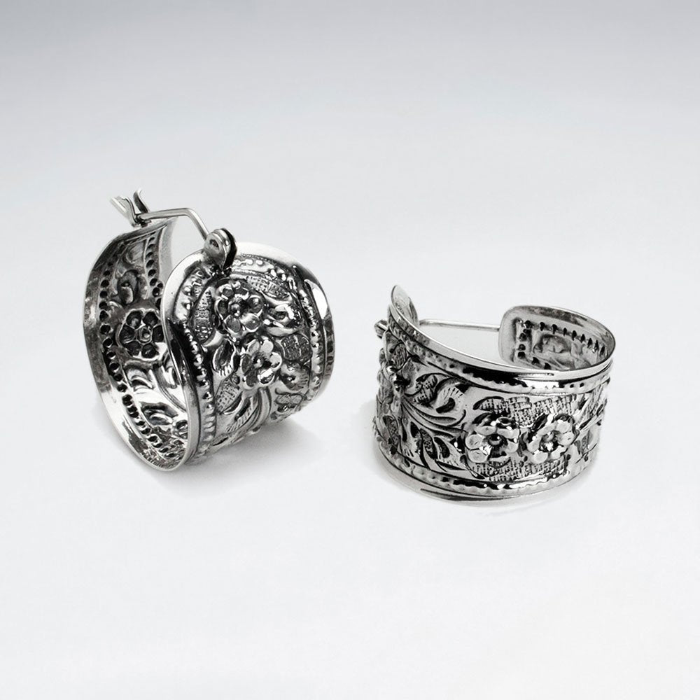 Decorated Silver Huggie Half Hoop Textured Roses Engraved Earrings