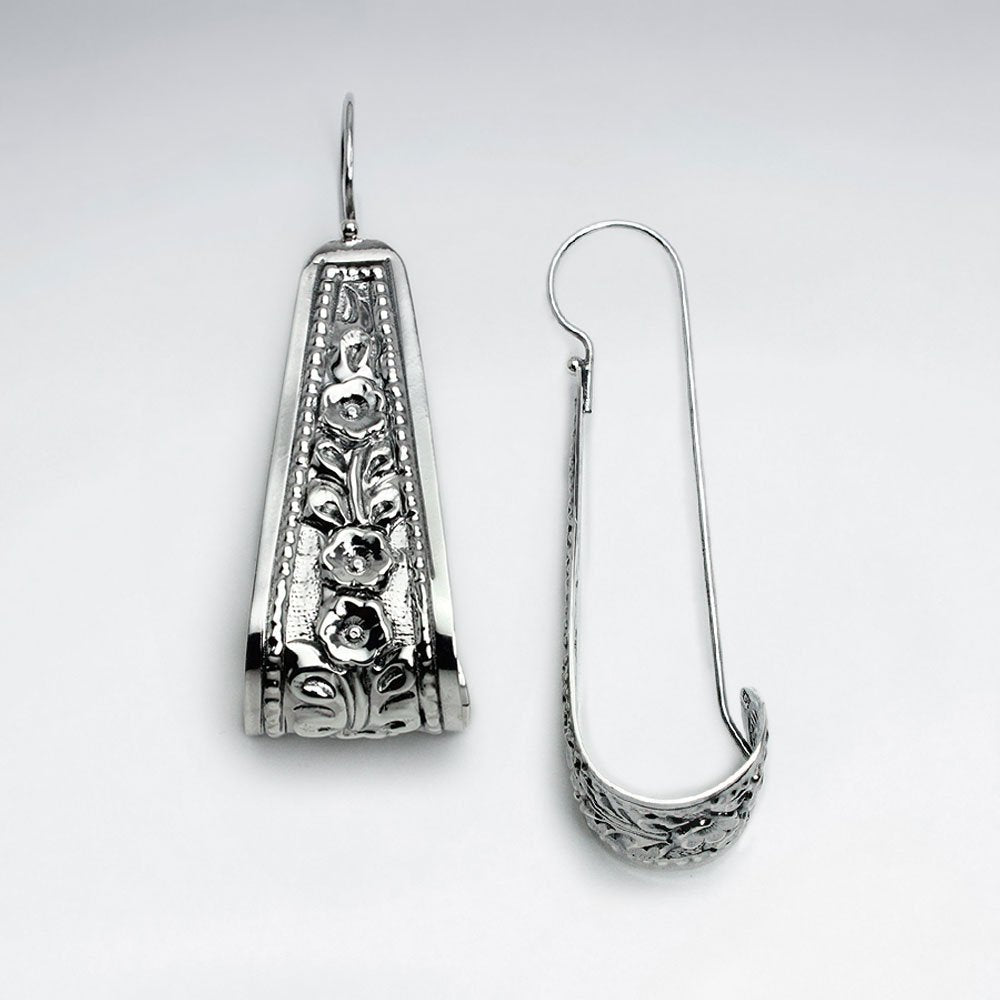Ornate Silver Texture Design Lockback Long Form Earrings