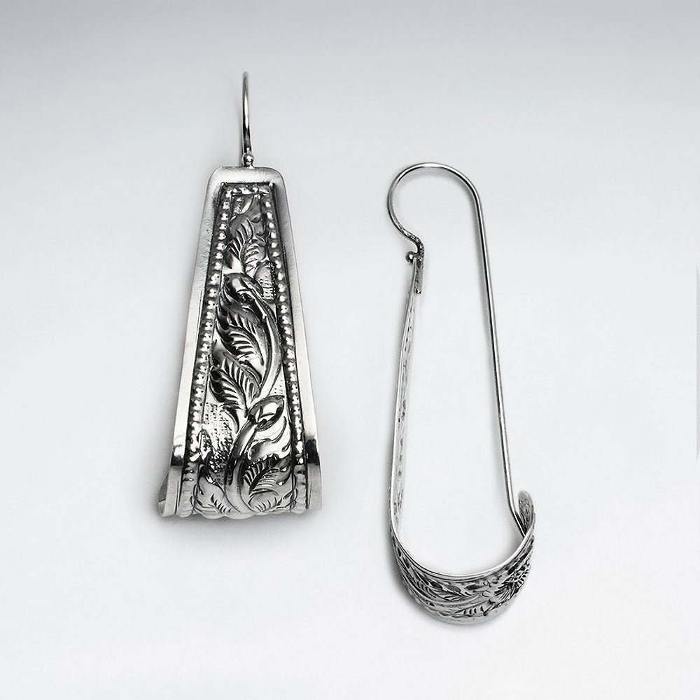 Leaf Textured Long Form Lockback Earrings in Silver