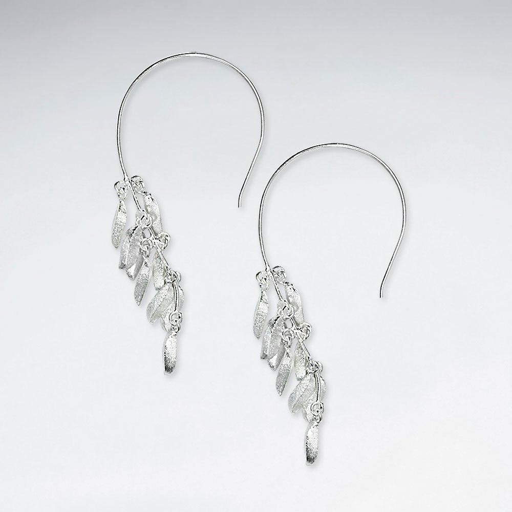 Feathered Teardrop Silver Dangle Hook Earrings