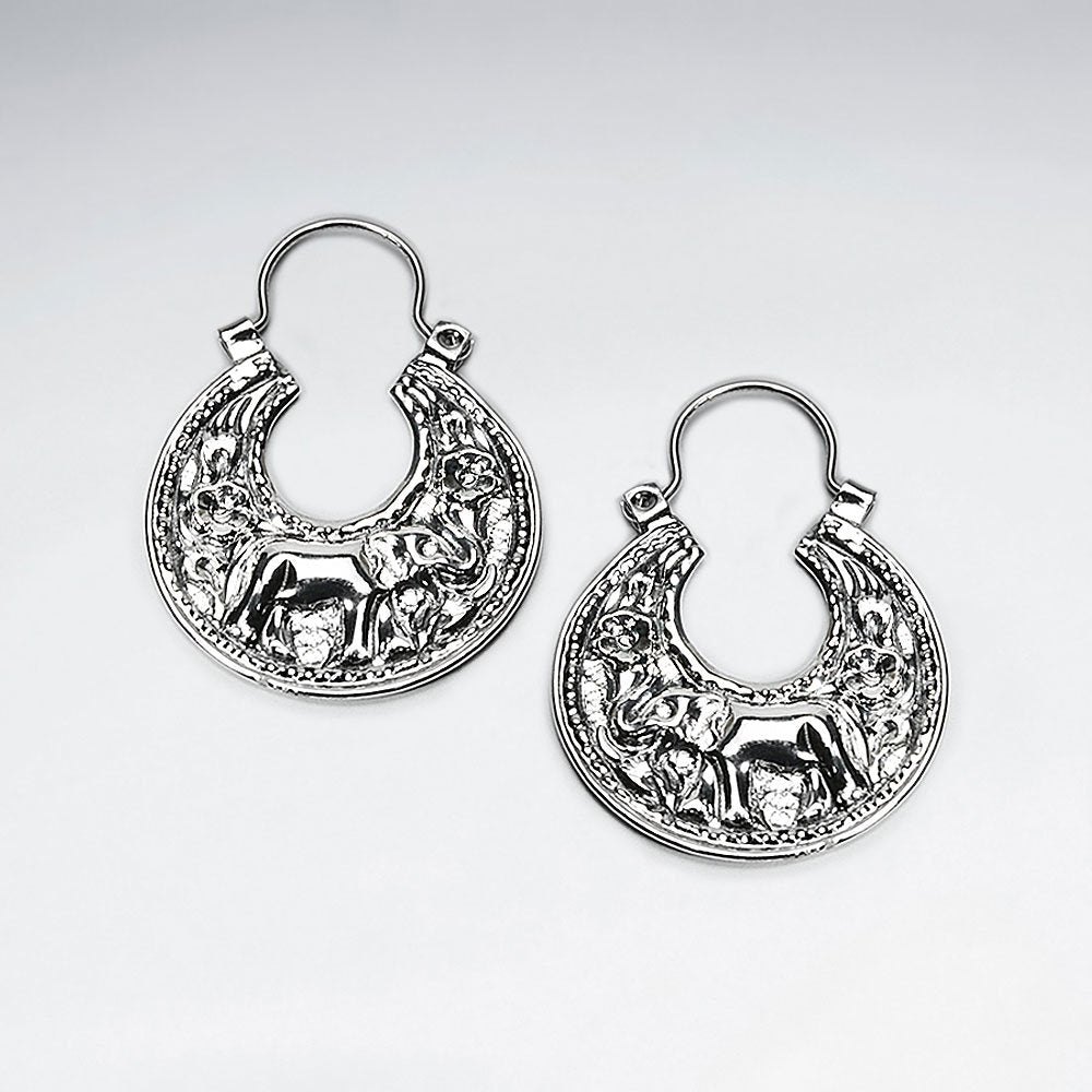 Ornate Silver Engraved U Hoop Huggie Elephant Texture  Disc Earrings