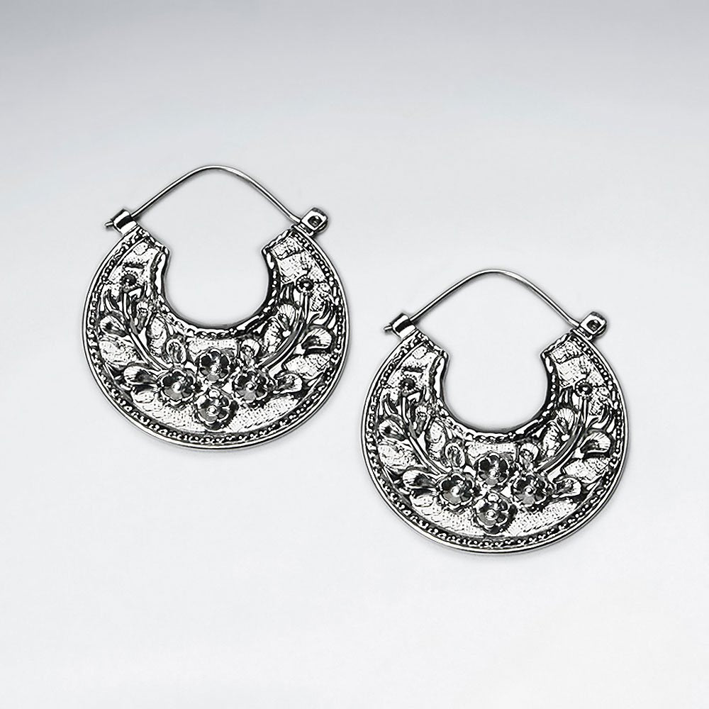 Greek Leaf Groove Pattern Silver Textured Disc Earrings