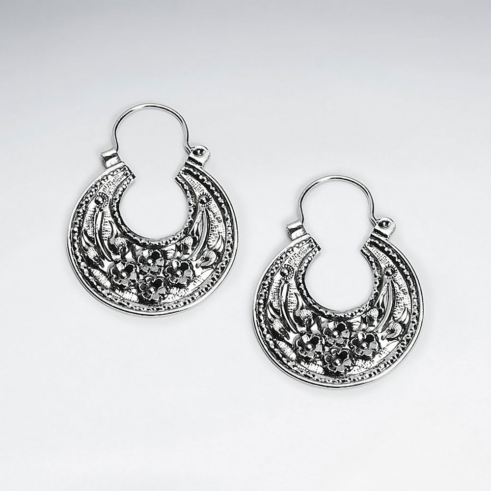 Silver Floral Detail Textured Disc Earrings